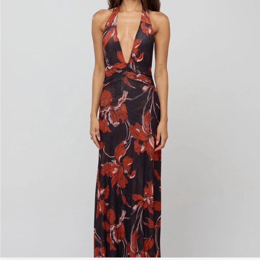 Halter Floral Maxi Dress in Rust and Black